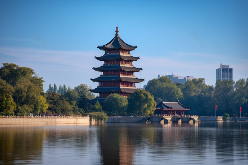 清晨公园里湖边的古代佛塔摄影实拍,高清,摄影图,摄影图片,图片大全,摄影图免费下载